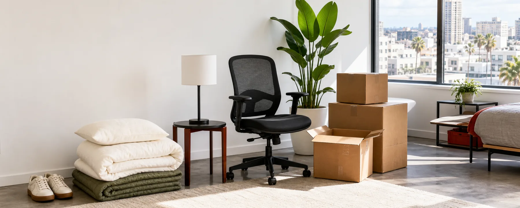 A bright Los Angeles apartment prepared for a moving sale
